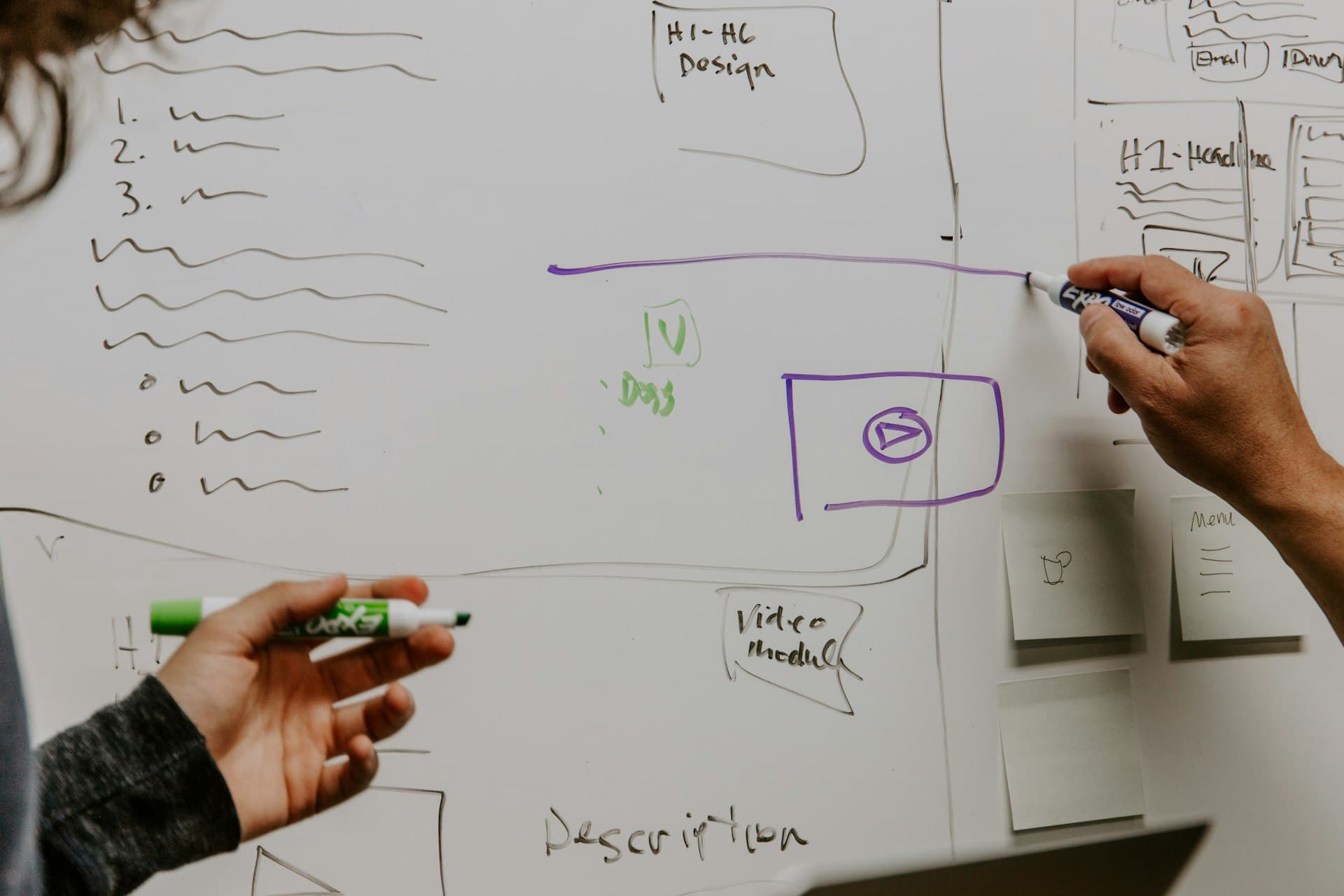 Hands sketching product wireframes on a whiteboard