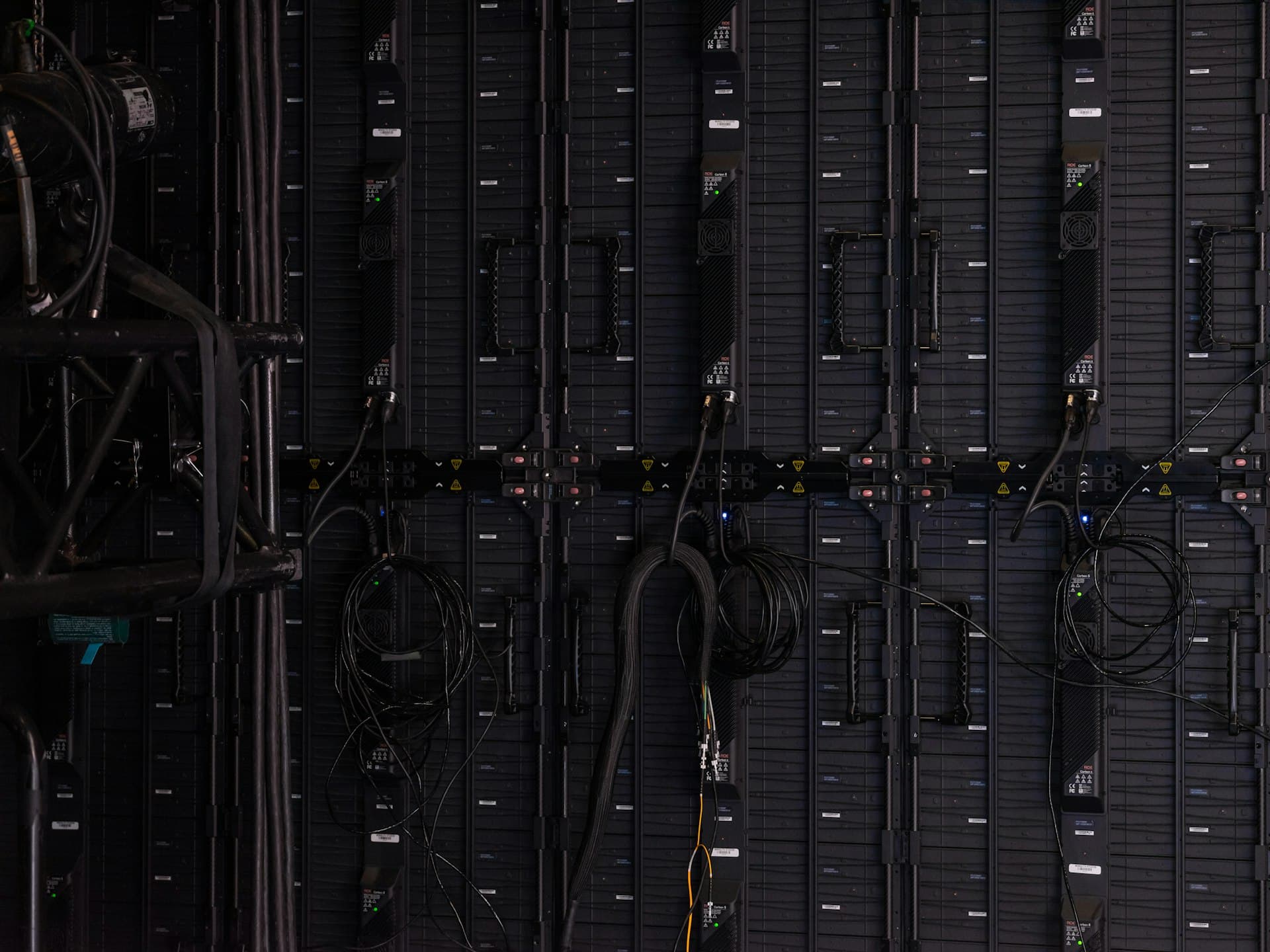 Server wall with status lights and cabling